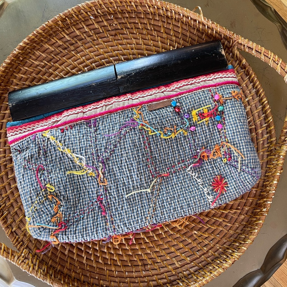 Vintage Free People clutch bag with wood handle 020